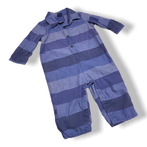 Gap‎ Boys Romper Size 6-12 Months Navy Blue Striped Longall Coverall - Picture 3 of 7